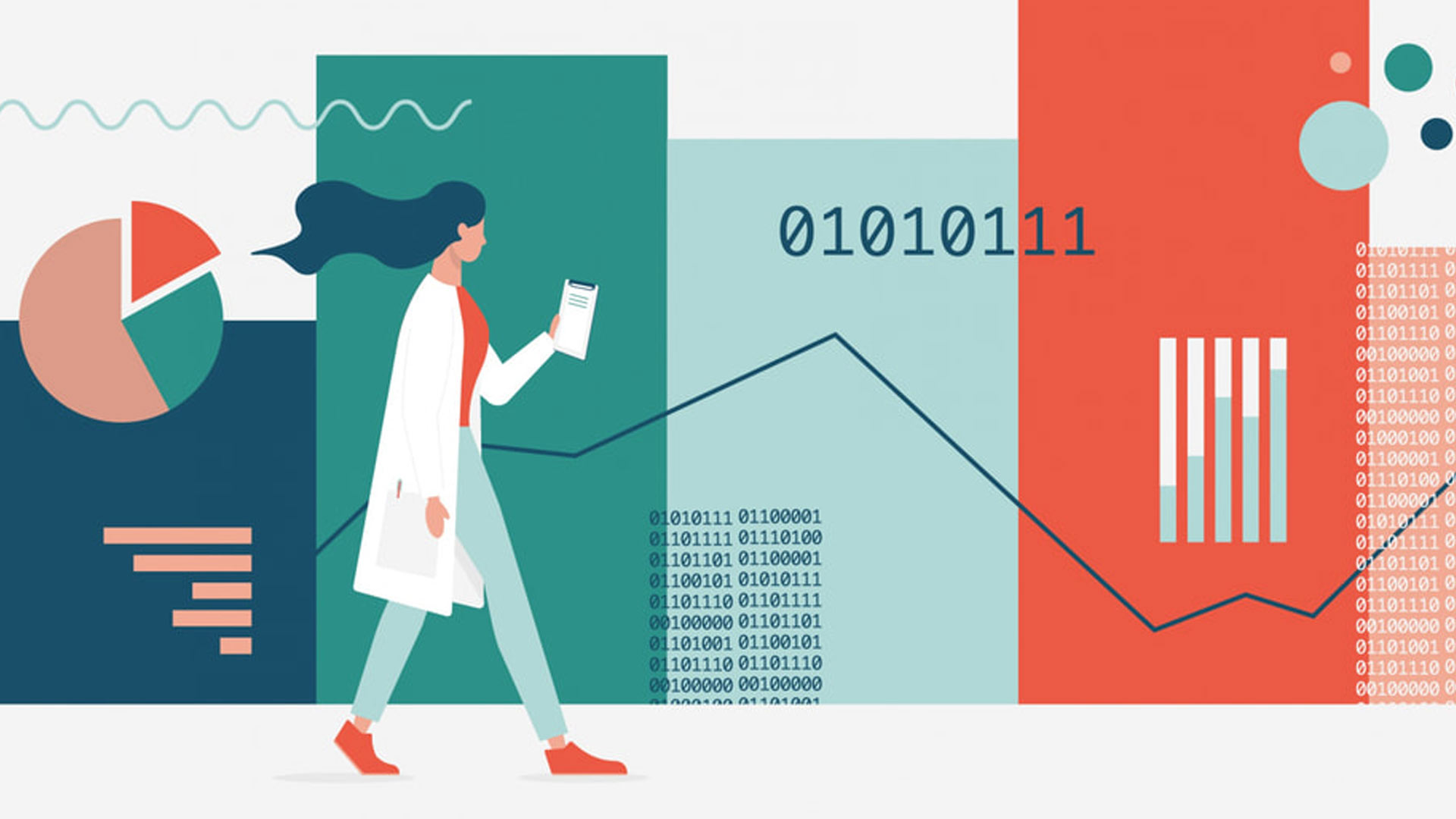 An illustration of woman wearing a lab coat and holding a notepad, walking past a wall of infographics and charts