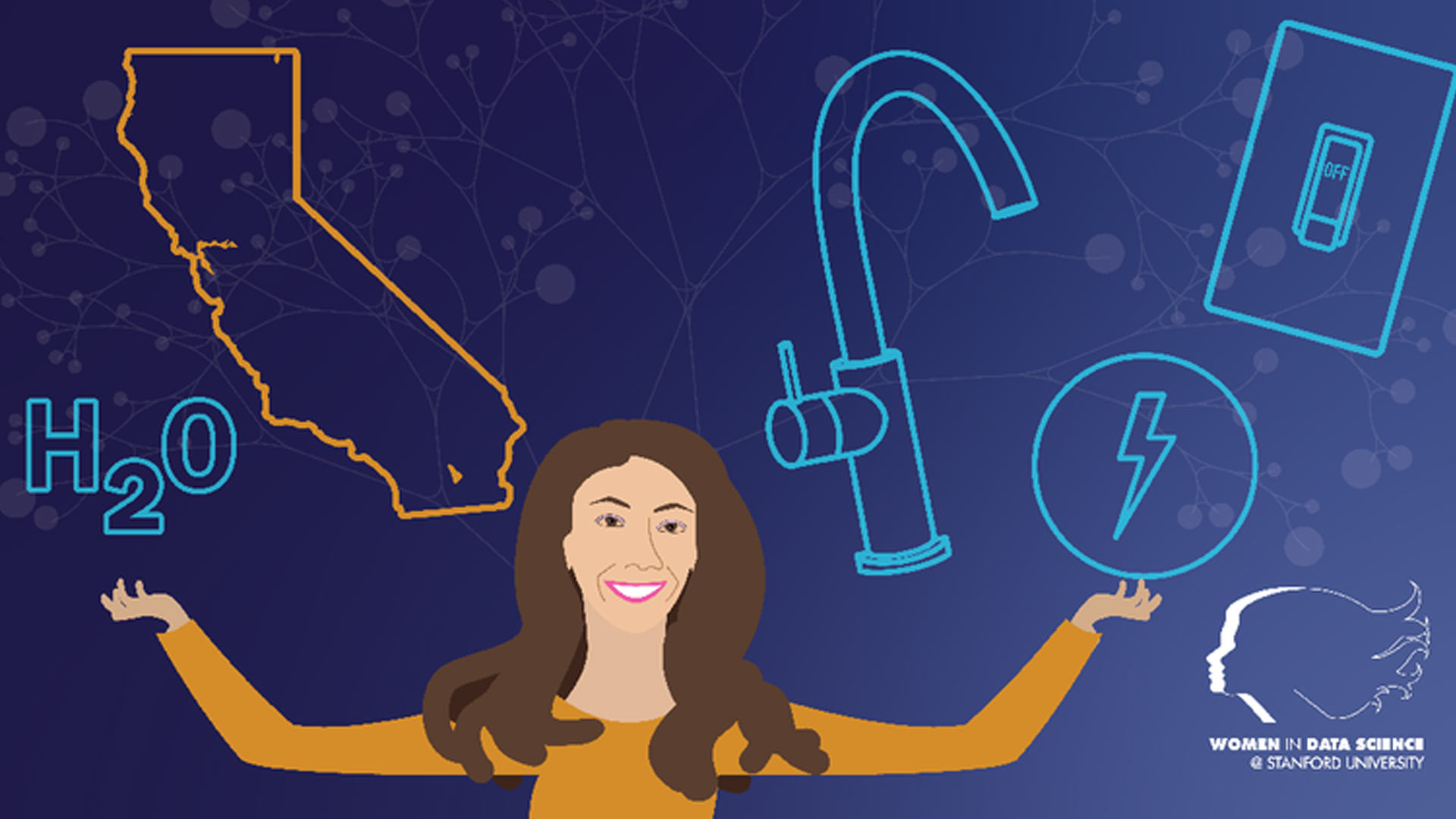 Illustration of Newsha Ajami on a background with WiDS branded icons