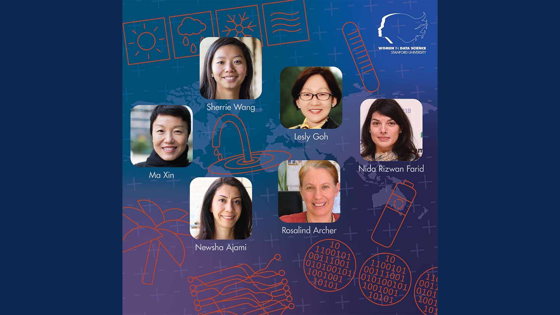 Photographs of Ma Xin, Sherrie Wang, Lesly Goh, Nida Rizwan Farid, Rosalind Archer, and Newsha Ajami. With WiDS branded illustrations in the background.