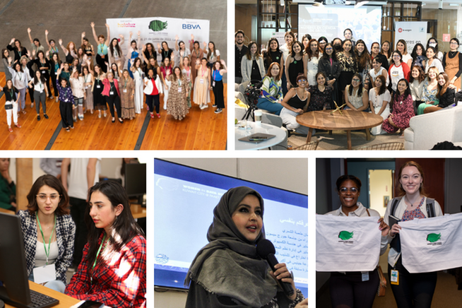 Collage of photos featuring various women gathered in a conference setting